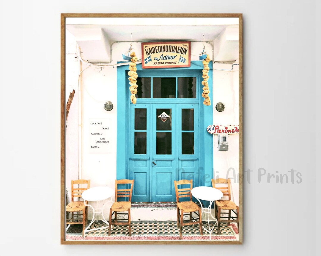 Greek Island Taverna With Blue Door Photo Printable Wall Decor