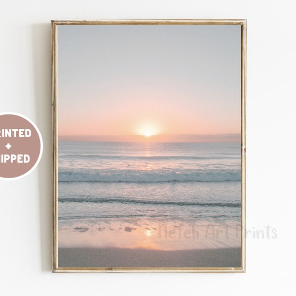 Beach Sunset Pastel Print Mailed Ocean Sunset Blue Blush Pink Photo Sea Sunrise Poster Seascape Coastal Home Wall Decor Seashore Wave Print