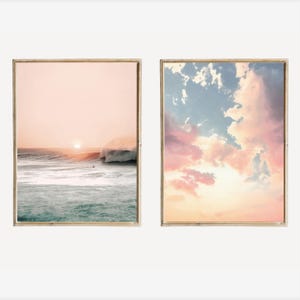 Pink Sunset Sky Clouds Set of 2 Photo Printable, Beach Sunrise Pastel Print, Coastal Ocean Photos, Girls Room Bedroom Romantic Decor