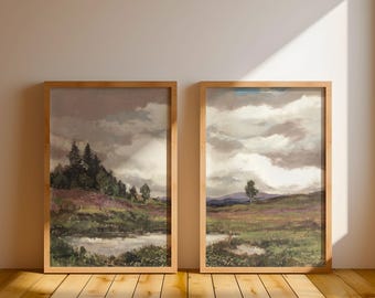 Country Landscape Set of 2 Vintage Paintings Mailed, Meadow Farmhouse Diptych Wall Art, Cottagecore Earth Colors Antique Art