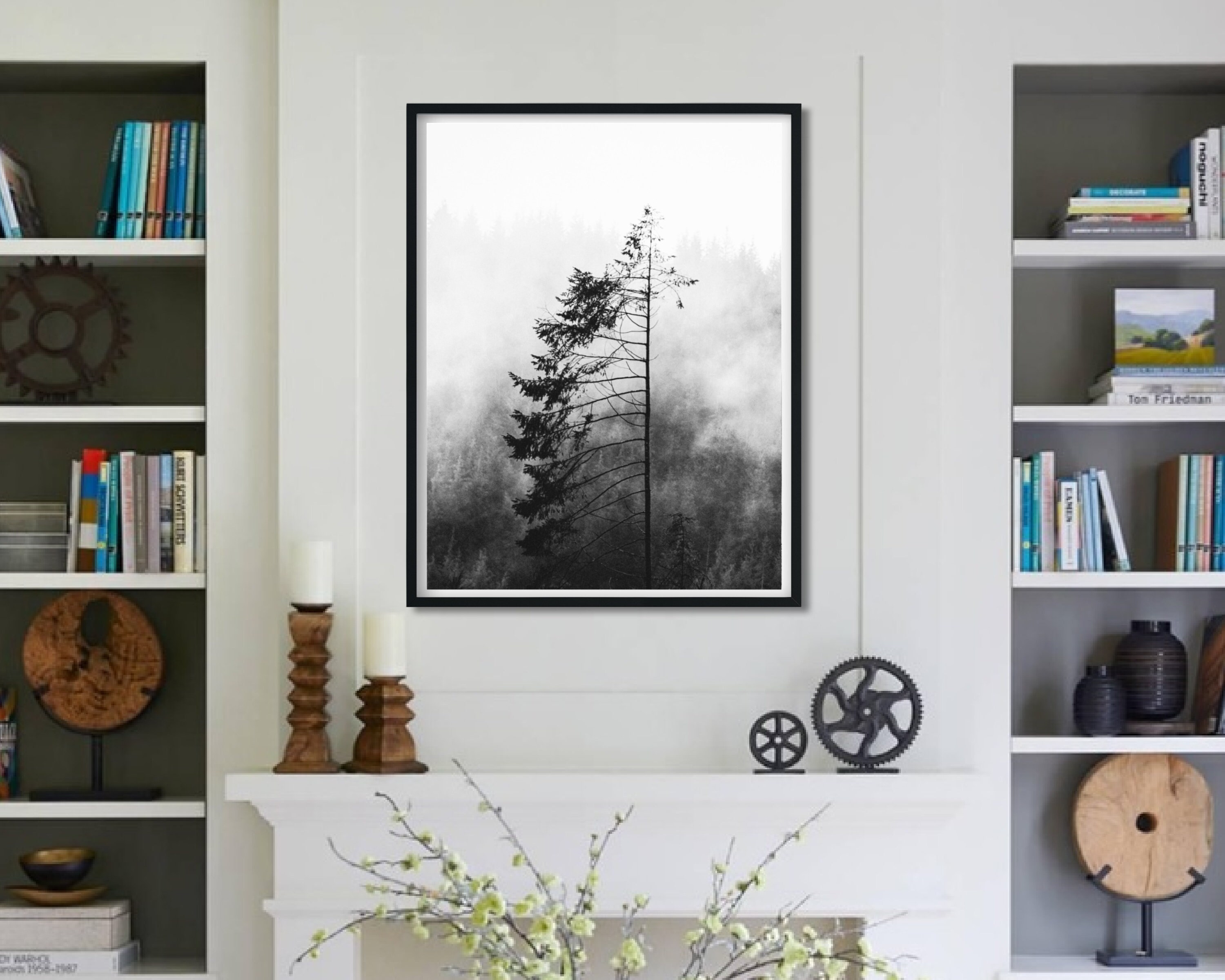 Minimalist Foggy Forest Black and White Print Mailed, Nordic Pine Tree ...