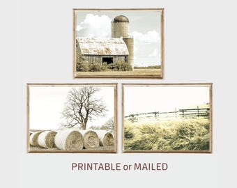 Farmhouse Neutral Set of 3 Photo Printable or Mailed, Barn Hay Bales Fence Print, Old Farm Rustic Wall Decor, Country Rural Gallery Wall Art
