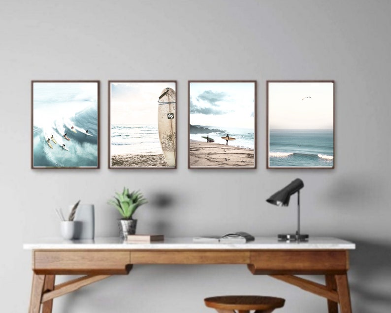 Set of 4 Surfing Prints, Surf Ocean Waves Photo Wall Art Printed and