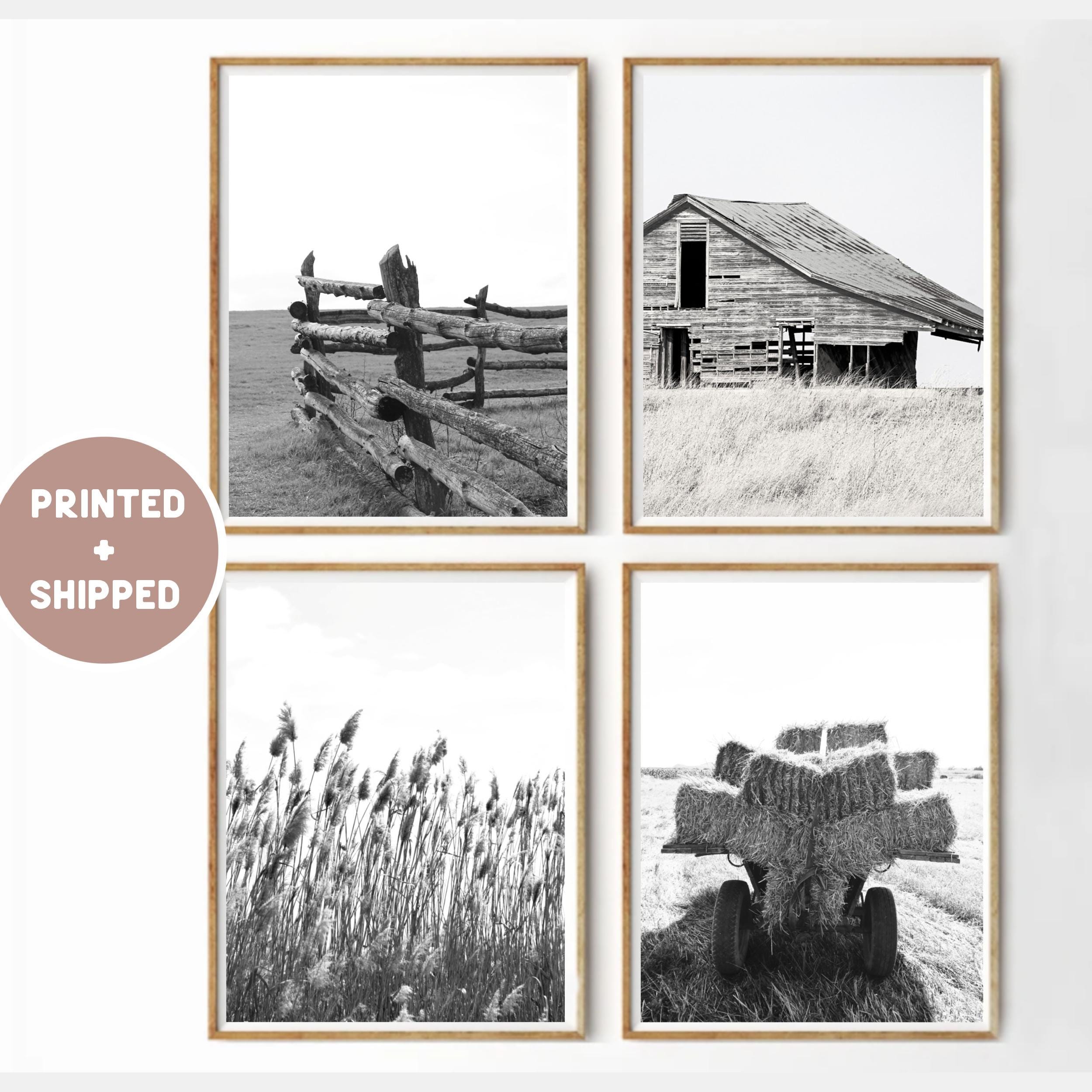 Farmhouse Black and White Set of 4 Prints Mailed, Old Barn Fence Wheat ...