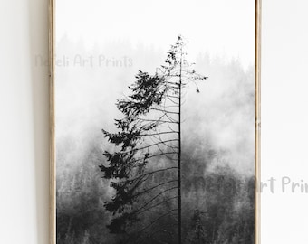 Minimalist Foggy Forest Black and White Printable Wall Art, Nordic Pine Tree Photo, Misty Forest Scandinavian Print, Landscape Nature Print