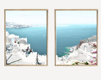 Santorin, lot de 2 tirages, photo diptyque, Grèce, côte égéenne, art mural imprimable, île des Cyclades grecques, photo de voyage en Méditerranée