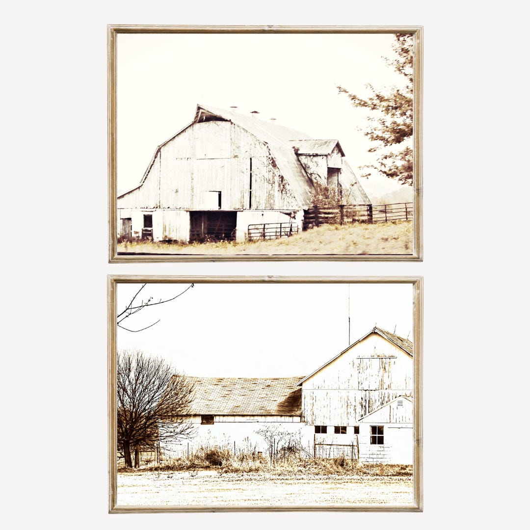 Set of 2 Old Barn Farmhouse Printable Wall Art, White Barn Rustic Home ...