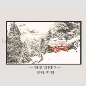 Samsung Frame Tv Ski Lift Art, Ski Gondola in Snowy Forest Tv Art Instant Download, Winter Forest Black Red Art, Winter Mountain Art for Tv