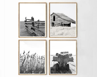 Farmhouse Black and White Set of 4 Photo Printable Wall Art Barn Fence Wheat and Hay Photos Rustic Home Wall Decor Country Rural Prints