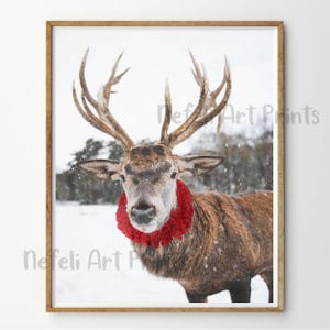 Arte de parede para impressão de fotos de inverno de rena na neve, decoração de parede de cabana para casa com impressão de veado no país das maravilhas, arte de parede de Natal, pôster de inverno na floresta