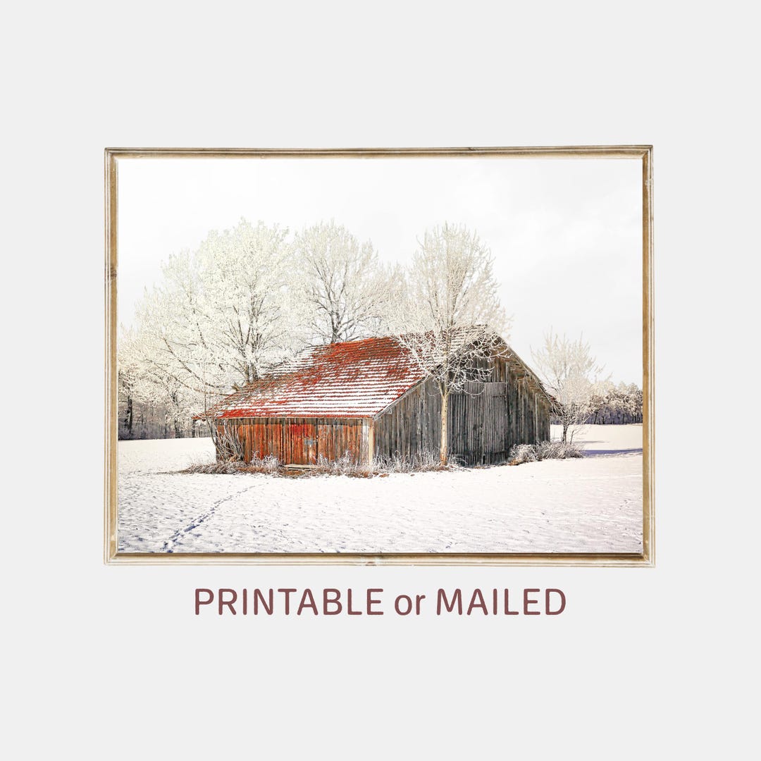 Old Red Barn in Snow Wall Art Printable or Maied, Farmhouse Winter ...