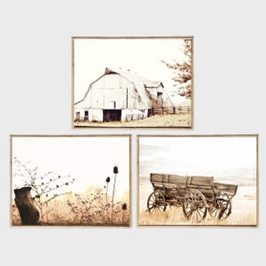 Rustic Farmhouse Set of 3 Photo Printable Barn Old Wagon Wildflowers Print Neutral Landscape Country Gallery Print Old West Wall Decor