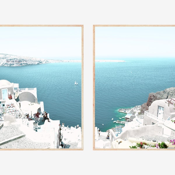 Santorini Set of 2 Prints Greece Coastal Aegean Photo Diptych Printable Wall Art Greek Cyclades Island Photo Mediterranean Travel Print Set