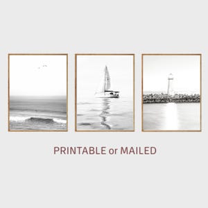Set of 3 Black and White Coastal Ocean Photo Printable or Mailed, Minimalist Sailboat Nautical Print, Beach Wave Lighthouse Sea Modern Decor