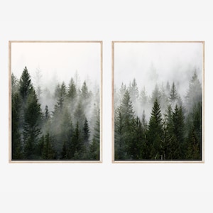 Grüner Wald im Nebel 2er-Set Fotodrucke Wandkunst,, Nebliger Walddruck Natur Moderne Wanddekoration Kiefer Foto Landschaft Nordischer Druck