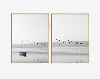 Holzboot Küsten 2er Set Schwarz Weiß Foto Druckbare, Minimalistische Nautische Seevögel Druck, Fischerboot Moderne Wanddekoration