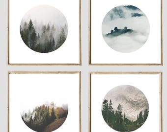Foggy Mountains Set of 4 Square Prints Misty Forest Circle Photos Scandi Printable Wall Art Nordic Forest Print Nature Minimalist Wall Decor