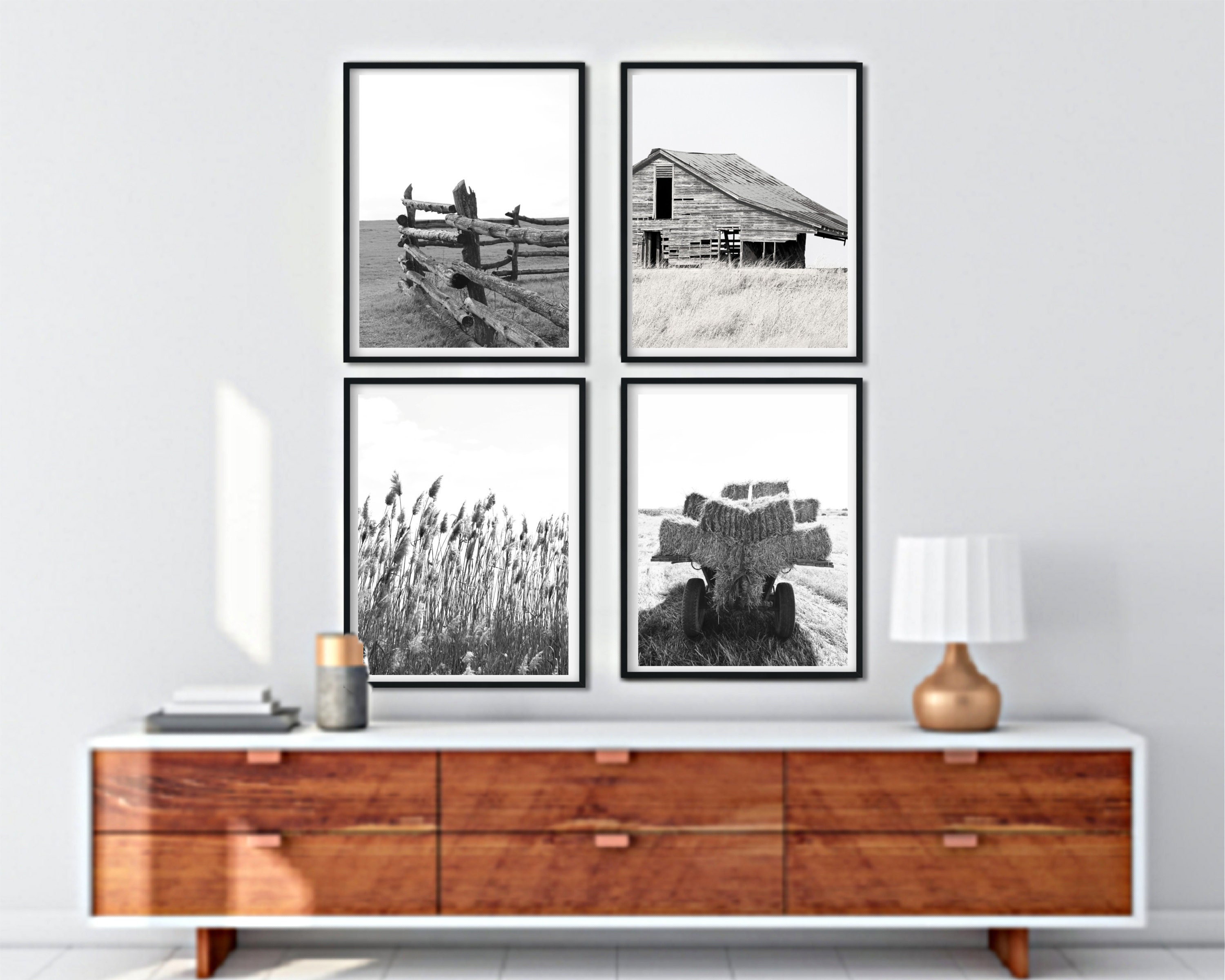 Farmhouse Black and White Set of 4 Prints Mailed, Old Barn Fence Wheat ...