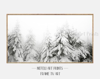 Samsung Frame Tv Art, Snowy Trees Black And White Instant Download, Christmas Minimalist Art, Pine Trees in Snow, Winter Forest Frame Tv Art