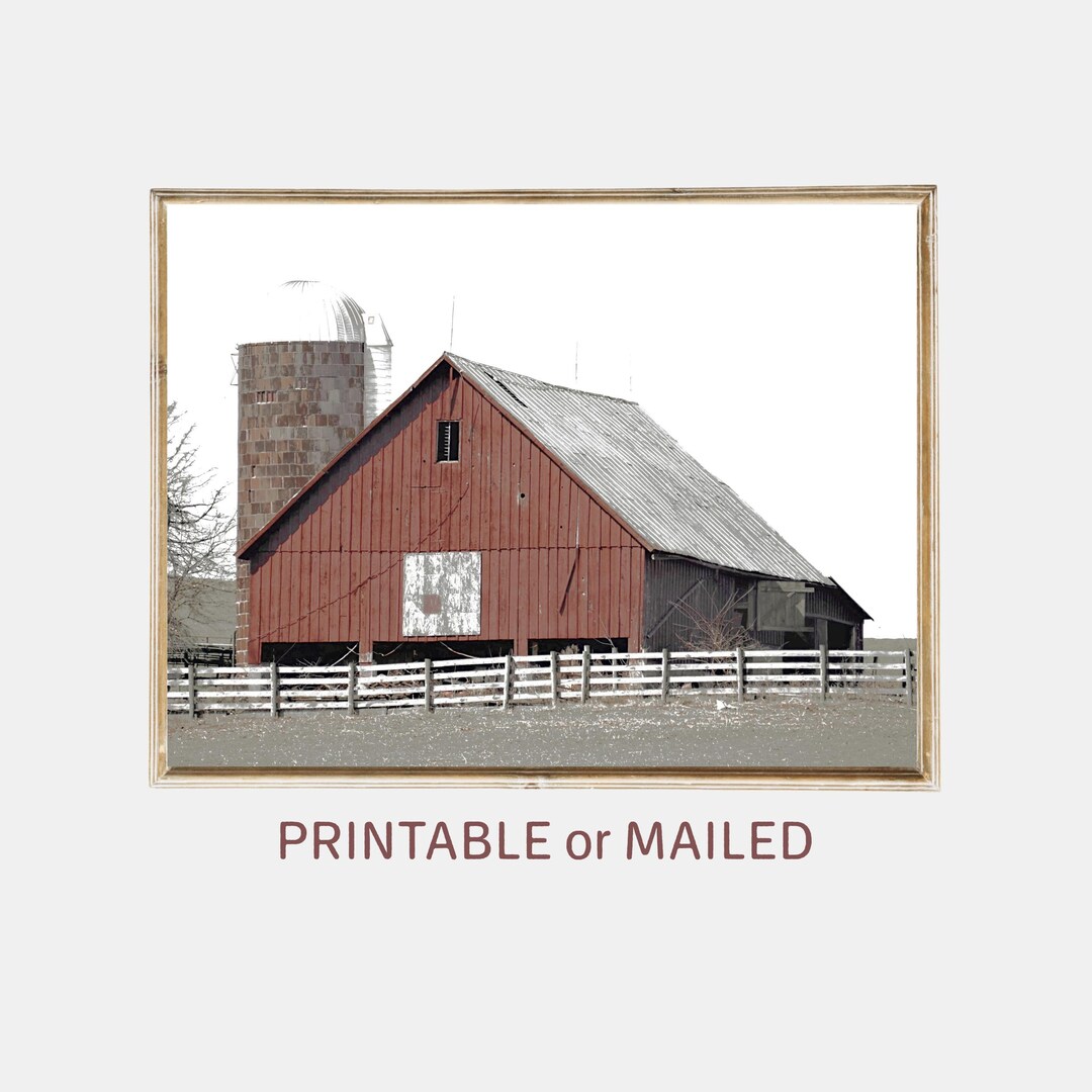 Farmhouse Old Barn Printable or Mailed Wall Art, Red Wood Barn Silo ...