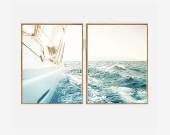 Sailing in Blue Ocean Set of 2 Photo Printable Wall Art Sailboat Diptych Print Yacht Nautical Coastal Photos Yachting Wall Decor Sail Print