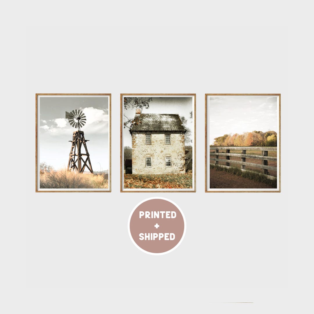 Farmhouse Rustic Set of 3 Print Mailed Wall Decor Barn Windmill Fence ...