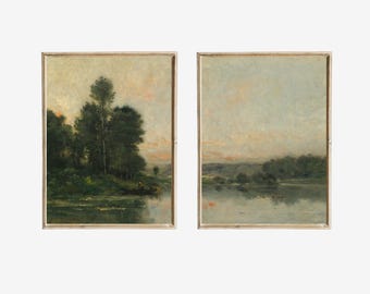 Riverside Vintage Oil Painting Set of 2, Country Landscape Rustic Diptych Wall Art Printable, Cottagecore Farmhouse Antique Art