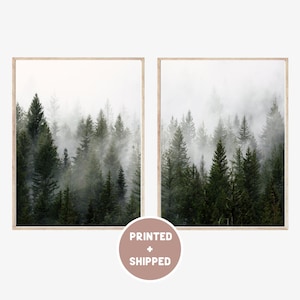 Conjunto de 2 fotos impressas e enviadas de floresta verde em névoa, impressão de floresta com neblina, decoração de parede da natureza, árvores, fotos, paisagens, pôsteres nórdicos