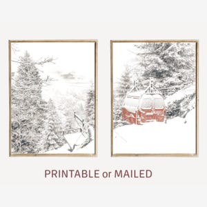 Ski Lift Photo Set of 2 Printable or Mailed, Ski Gondola in Snowy Forest Diptych Print, Winter Landscape Photo, Black White Red Chalet Decor