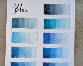 Hangemachte Aquarellfarbe verschiedene Blautöne in Halben Pfännchen / Pods/ Paletten