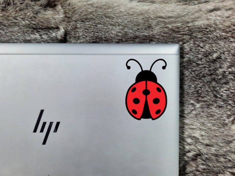 Lady Bug Decal with Red Wings and A Black Body on the Top Right Hand Corner of an HP Laptop