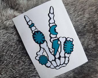 Western Skeleton Peace Sign Decal, Western Rock On Skeleton with Turquois Rings, Skeleton Sticker for Mirrors, Skeleton Wave Offroad Decal
