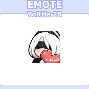 May include: A digital illustration of a character from the video game Nier Automata. The character is a young woman with white hair and a black blindfold. She is holding a large red heart with the word "CHROMACY" written on it. The background is a light blue color.