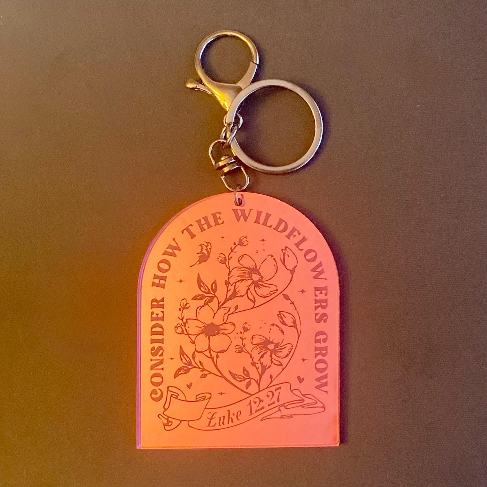 Pink Mirror Acrylic Wildflowers Christian Bag Tag, Bible Verse Keychain, Consider how the Wildflowers Grow, Luke 12:27