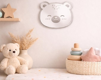 Engraved Bear Acrylic Mirror: Nursery Shelf Decor, Kids Room Wall Hanging