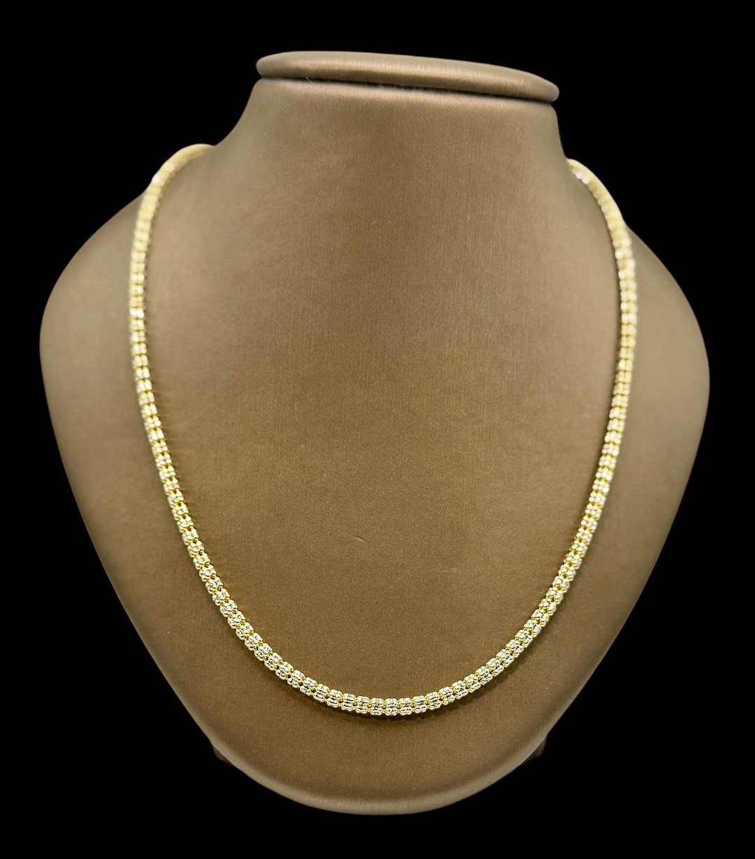 3.5mm Diamond Cut Ice Link Two Tone 20” Long Chain Real 10K Yellow ...