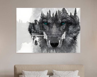 Double exposure: wolf and nature in artistic fusion | Unique wall art for animal lovers and nature lovers