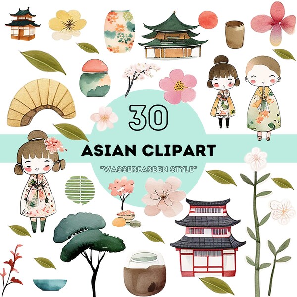 30 Asian Watercolor Cliparts, High Quality, Instant Download and Print, Asian Clipart,Japanese Motif Glue,Craft Supplies