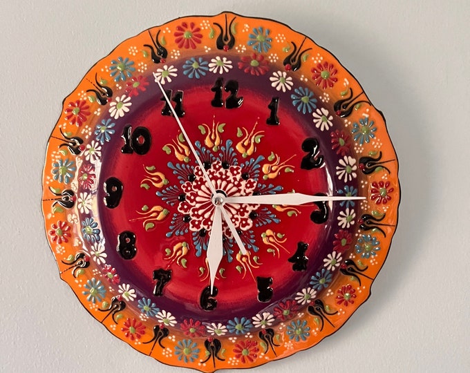 10 Handmade Ceramic Wall Clock, Turkish Ceramic Plate Clock, Unique