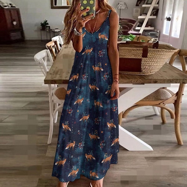 COTTAGECORE FOX Spaghetti Straps Maxi Dress, Floral Fox Ankle Length Dress, Midnight blue Dress with Fox design, Boho Summer Sun Dress