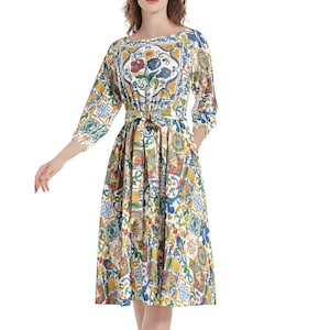 SICILY Boat Neck Belted Flared Dress, Colorful Italian Mosaic 3/4 length lantern sleeve Dress, Mediterranean tiles Majolica Midi dress