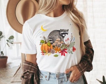 Floral RACOON Autumn T-shirt for Nature Lovers, Racoon and Pumpkin Botanical Forestcore Shirt, Animal Lover Gift, Cottagecore Fall Clothing