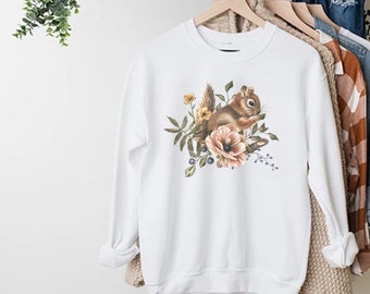FLORAL SQUIRREL Comfy Crewneck Sweatshirt for Animals Lover Gift, Cute Squirrel Shirt, Cottagecore Sweater, Fall inspired Pullover
