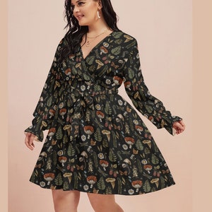 WOODLAND TREASURES Wrap Dress with Mushrooms Snail Moth Daisies Fern Raspberries & Wildflowers Print, Dark Cottagecore Dress, Witchy Dress