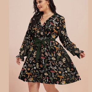 ENCHANTED FOREST Long Sleeved Dress with Birds Mushrooms Fern and Plants Print, Magical Woodland Dress, Boho Witch Dress, Dark Cottagecore