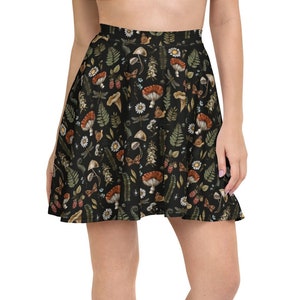 WOODLAND TREASURES All over Print Skater Skirt with Mushrooms Snail Moth Daisies Fern Raspberries & Wildflowers, Cottagecore Botanical Skirt