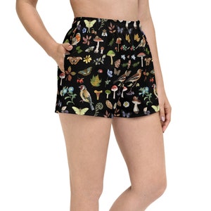 FOREST BIRDS Women’s Recycled Athletic Shorts with Birdsongs Butterflies Mushrooms & Flowers Print, Cottagecore Botanical Athletic Shorts