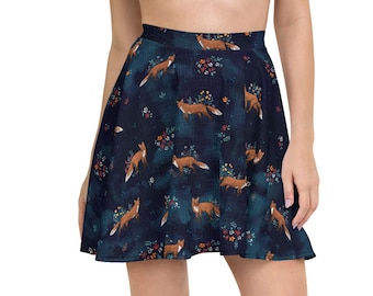COTTAGECORE FOX All over Print Skater Skirt, Floral Fox Skater Skirt, Wild Animal Summer Skirt, Nature Lover Gift, Forestcore Skirt