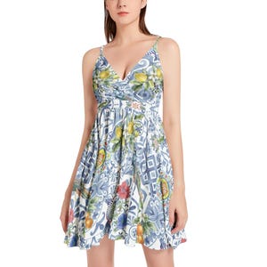 La DOLCE VITA Women&#39;s cami short dress, Mediterranean Tiles Citrus & Flowers Slip Dress, Sicilian Blue Mosaic Summer Dress, Majolica Dress