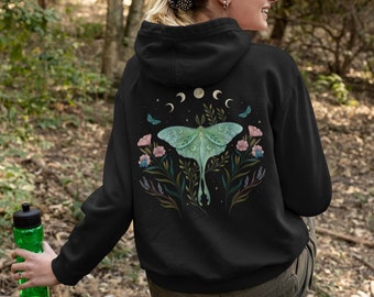 LUNA MOTH DANCE Full Zip Hoodie with Moon Phases and Flowers, Floral Butterfly Hooded Sweatshirt, Green Moth Hoodie, Mystical Zip Up Hoodie